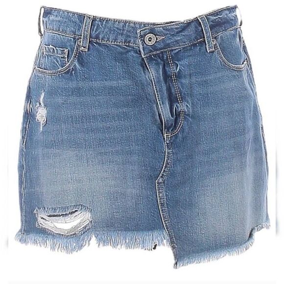 PAIGE Afia Dunlee Asymmetrical Frayed Hem Distressed Mini Jean Skirt Size 32 - Picture 2 of 9